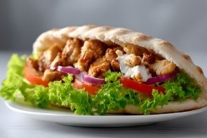 Kebab jossa salaatti pursuaa esiin.